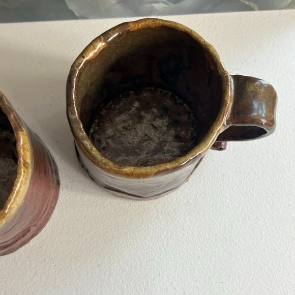 Studio Art x 2 Mugs 3 5/8" Stoneware Toned Red & Brown Brutalist Rustic - Picture 5 of 12